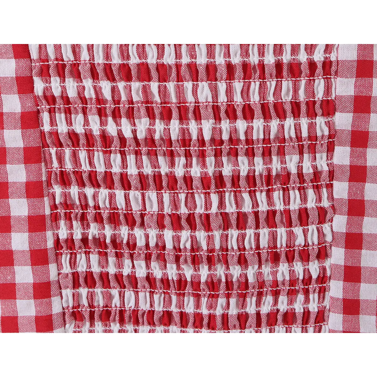 Close-up detail of the smocked back panel on a red and white gingham bustier tank top, showing the gathered elastic fabric.