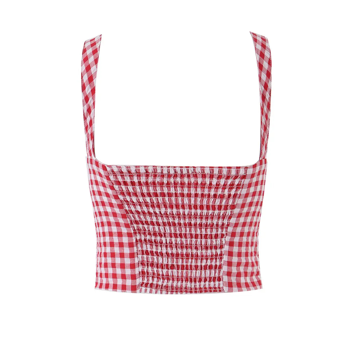 Studio shot of the back of a red and white gingham bustier tank top, showing the wide straps and full smocked panel.