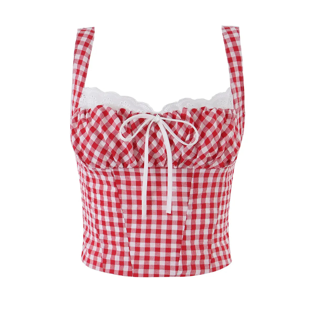 Studio shot of a red and white gingham bustier tank top, featuring lace trim, a center bow, and a fitted corset-style silhouette.