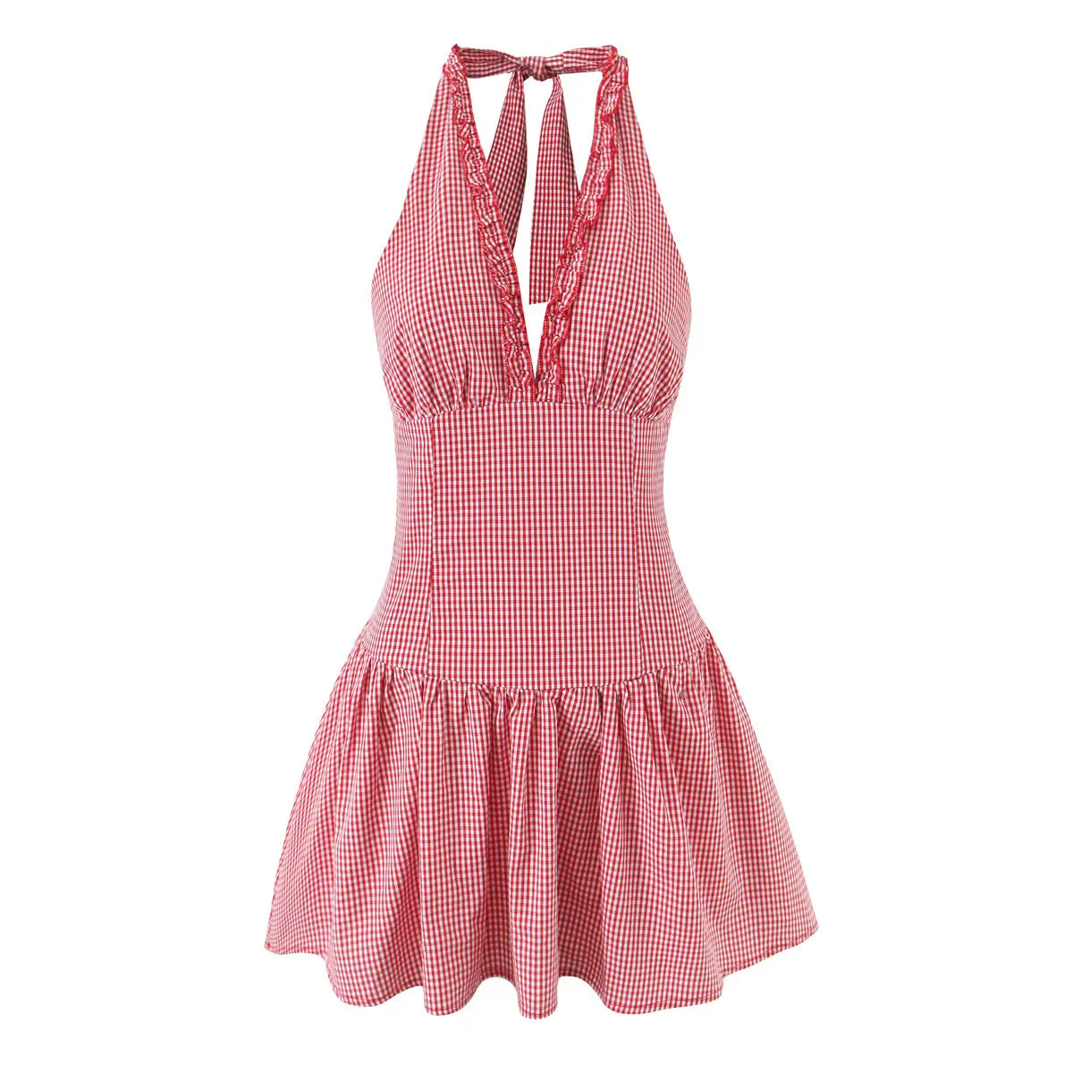 White background halter gingham mini dress with neck ruffle trim