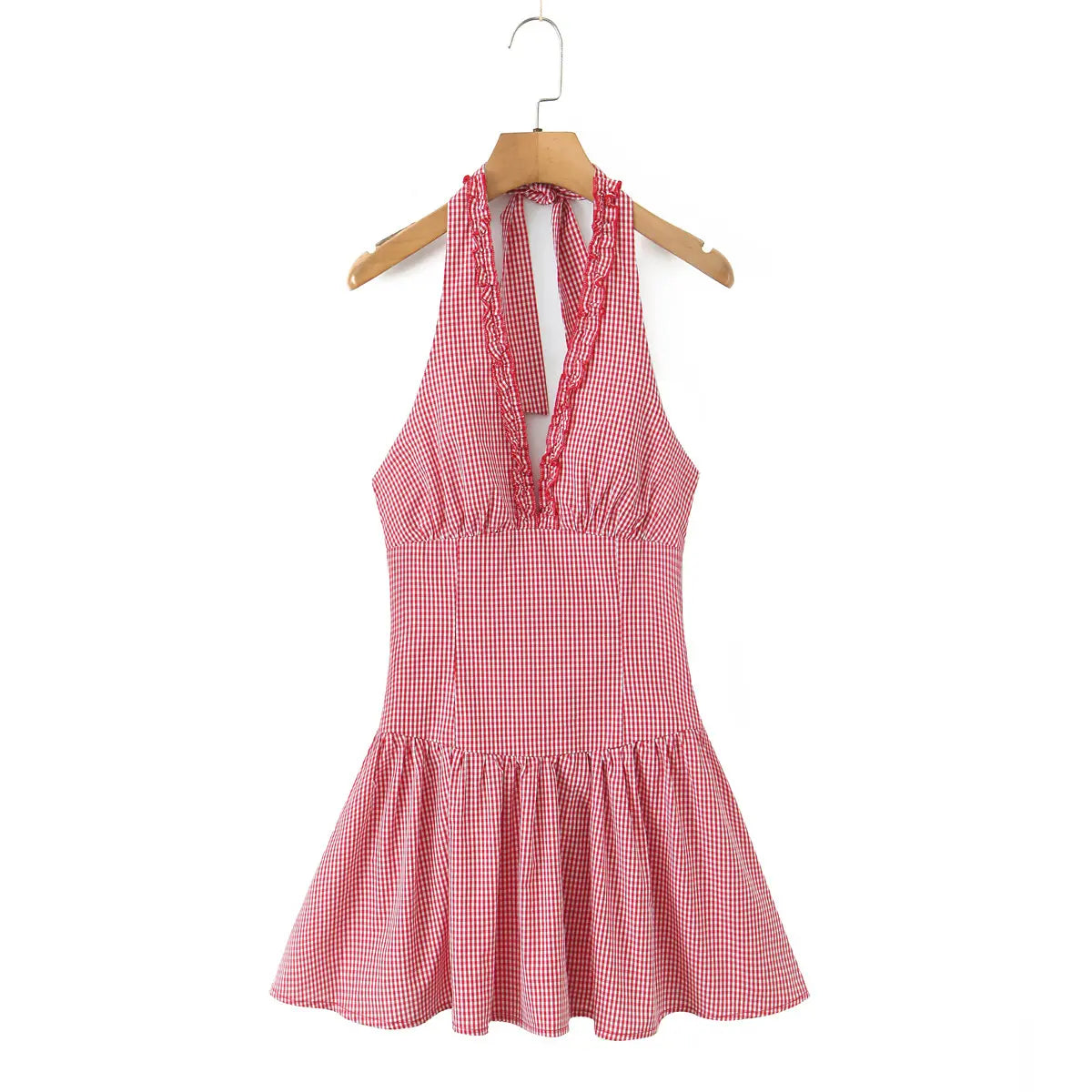 Hanging front red check halter mini dress with ruffle trim