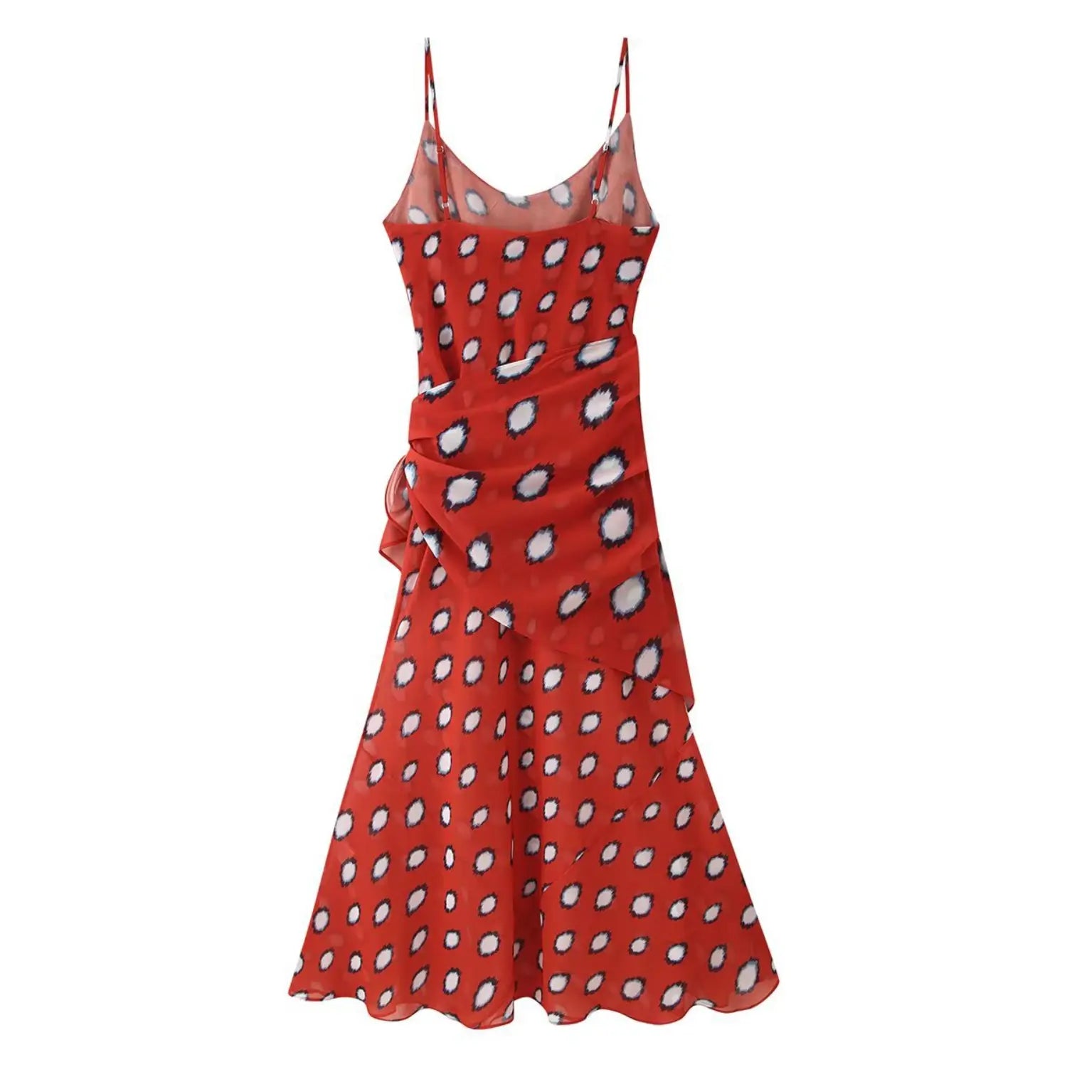 Back view of red white polka dot spaghetti strap wrap midi mermaid dress for women