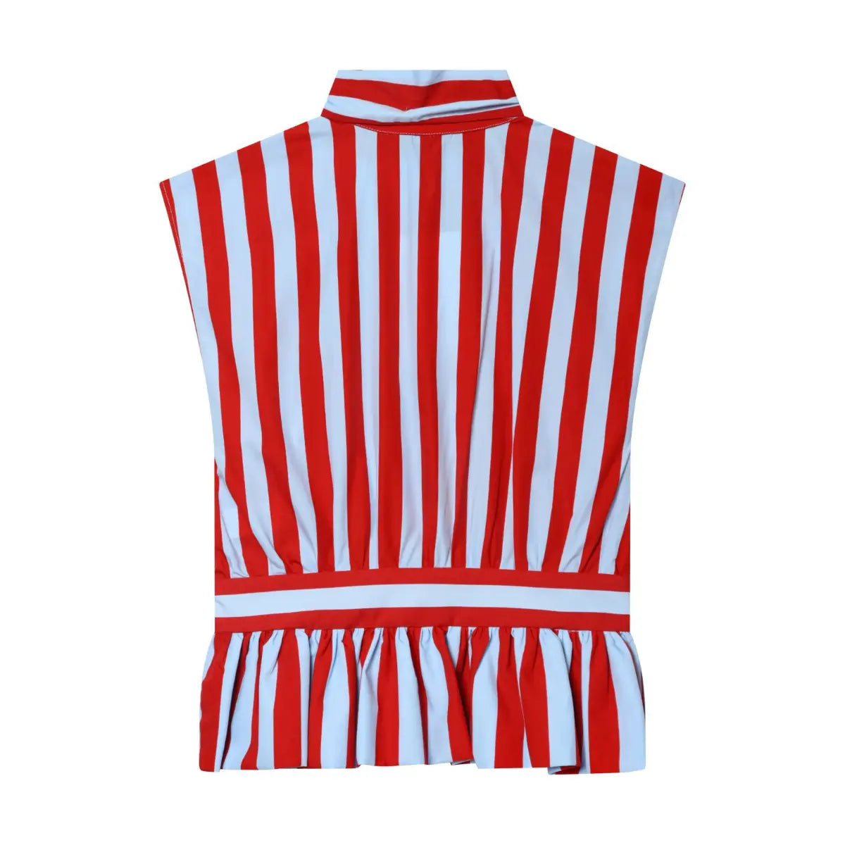 Back view of the top, showing the striped pattern, cinched waistband, and peplum hem.