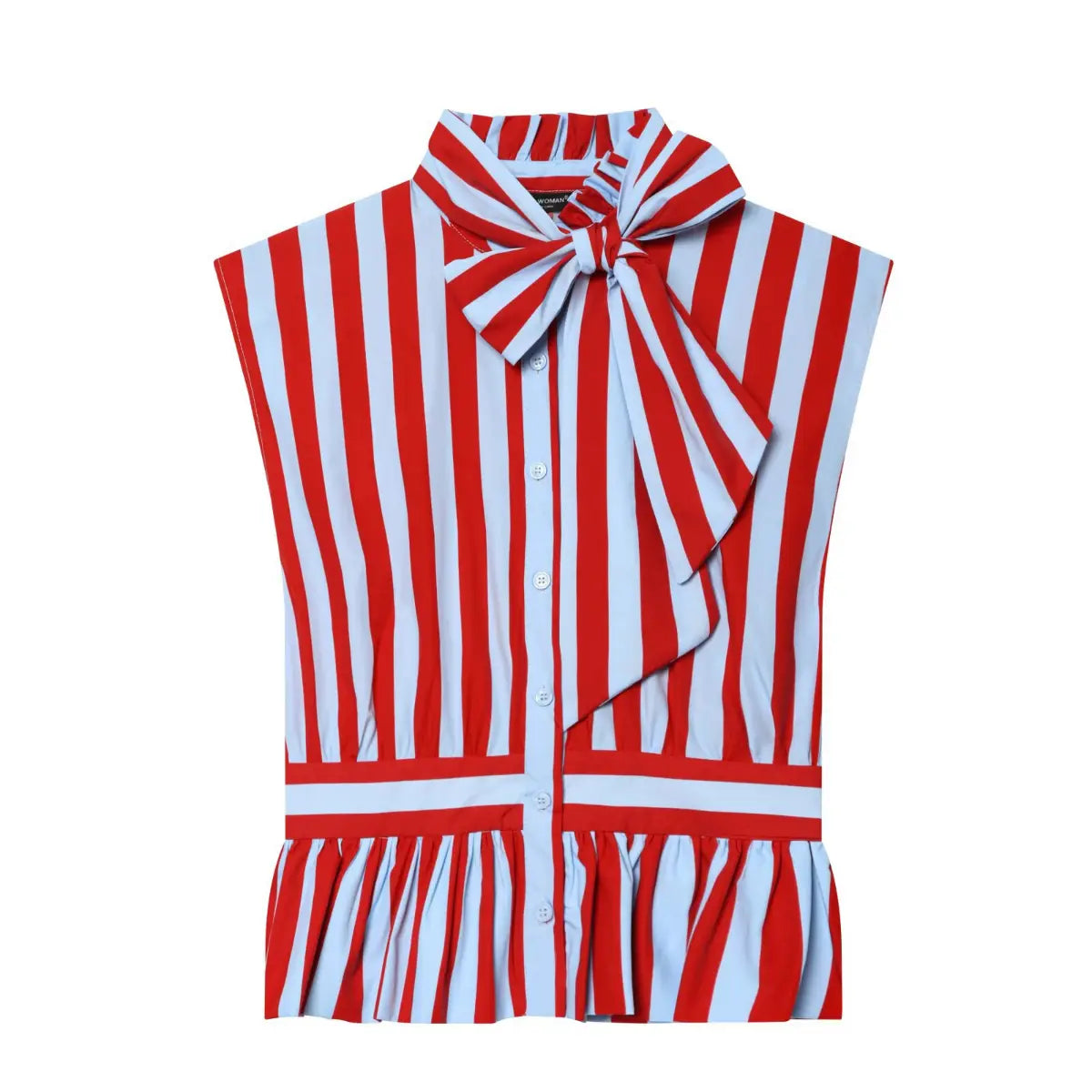 Front view of a red and white striped sleeveless peplum top with a large bow at the neck and button placket.