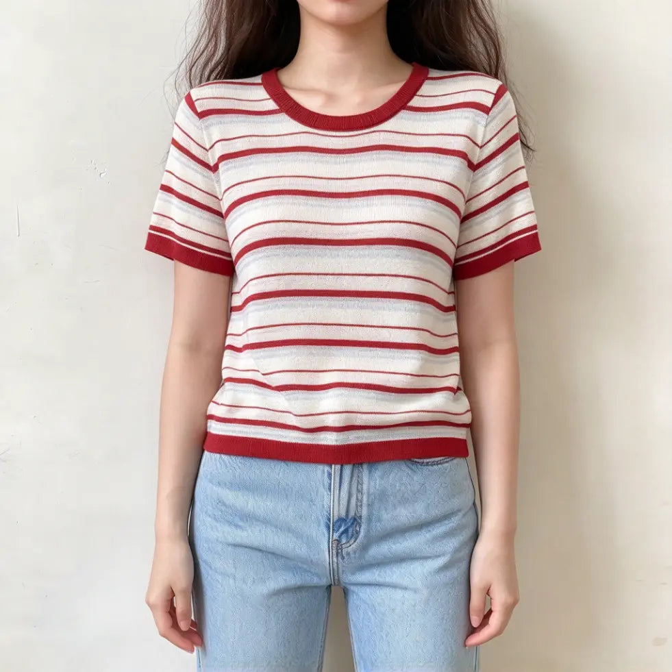 Red and white striped knit short sleeve top, crew neck, lightweight casual knit shirt