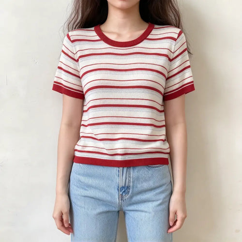Red and white striped knit short sleeve top, crew neck, lightweight casual knit shirt