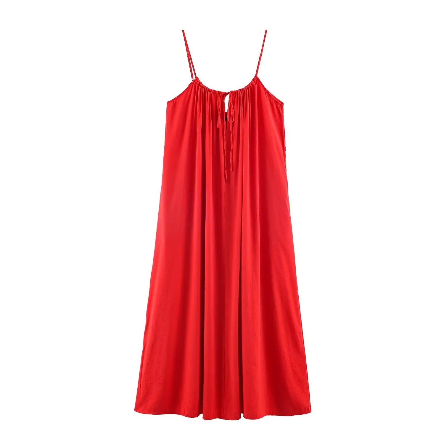 Flat lay front view of red loose flowy maxi dress with gathered neck and adjustable spaghetti straps