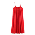 Full flat back view of red gathered neck loose‑fit maxi dress