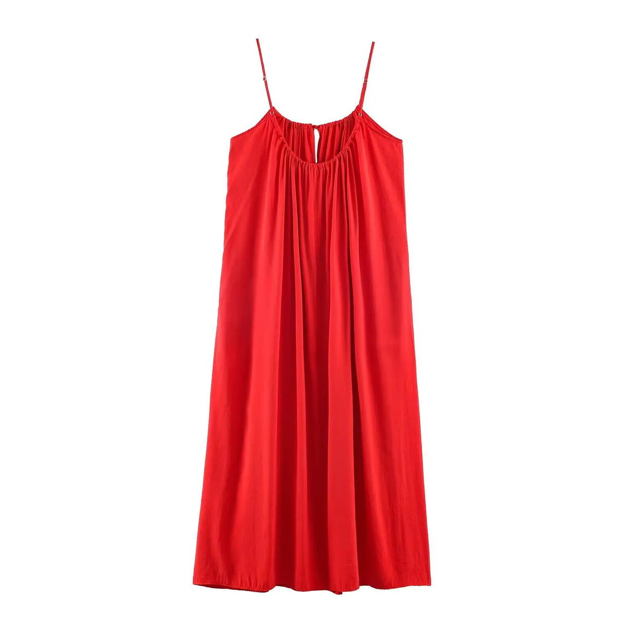 Full flat back view of red gathered neck loose‑fit maxi dress