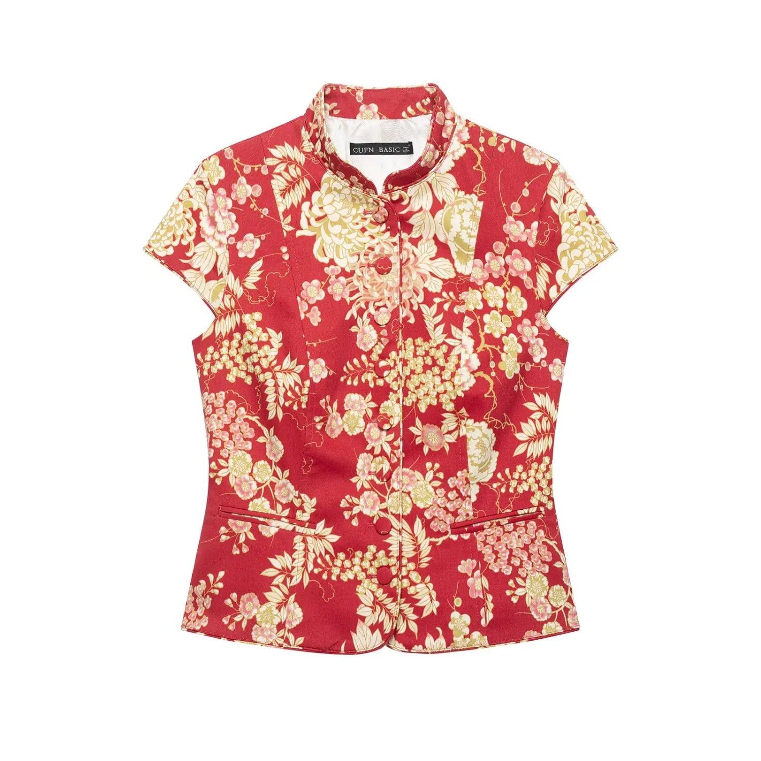 Ghost mannequin front view of red chinese floral print cap sleeve stand collar tailored jacket with fabric covered buttons and side pockets