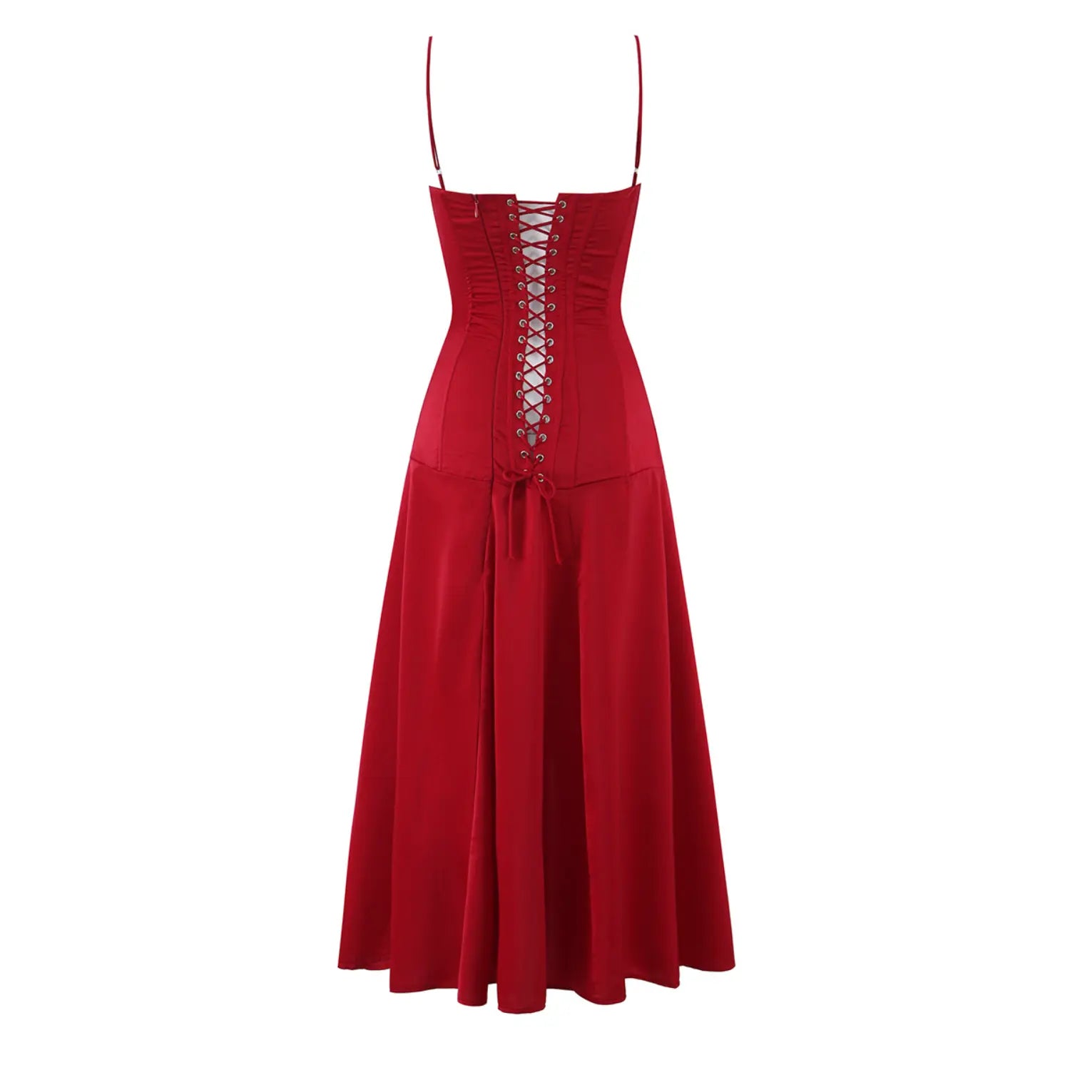 Full flat back view of red corset lace‑up back maxi dress