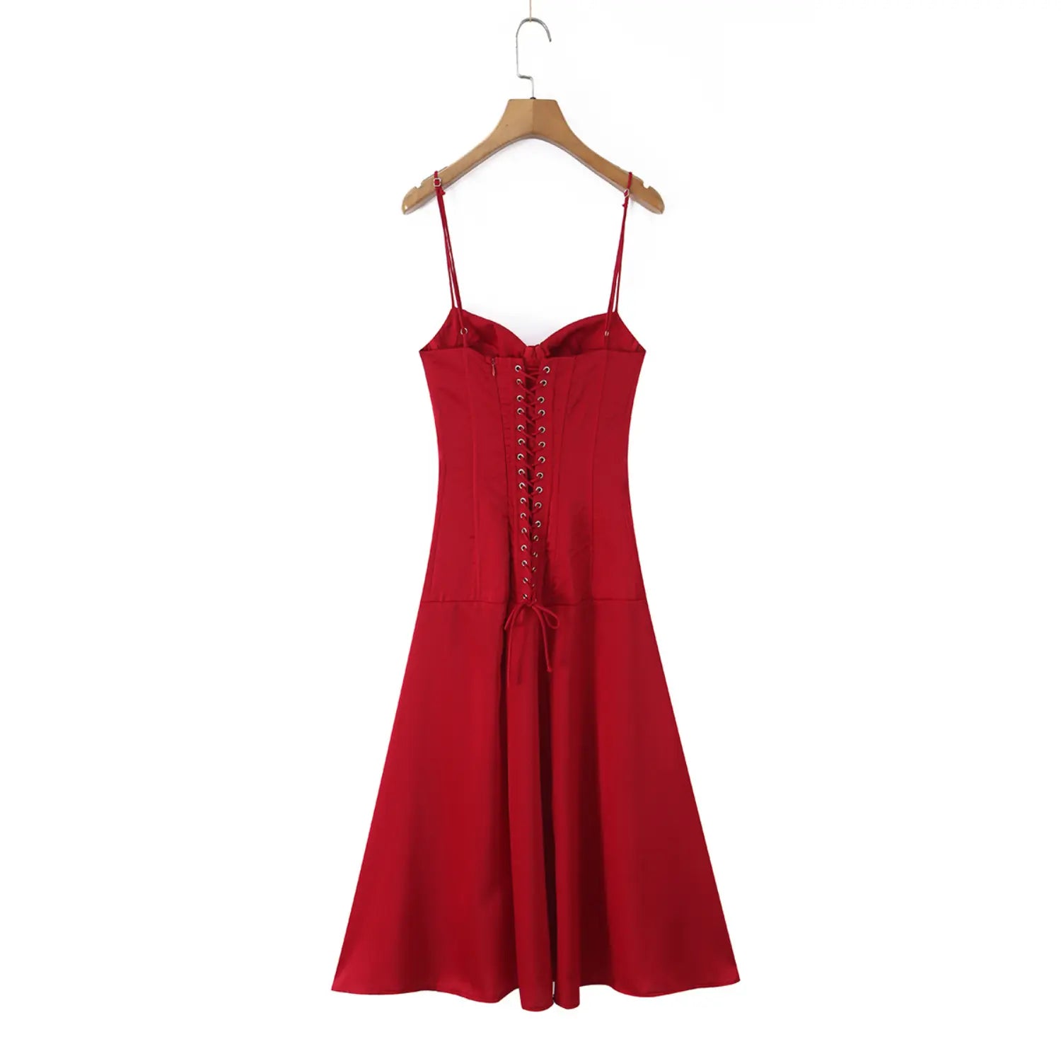 Back view of red corset maxi dress hanging on wooden hanger