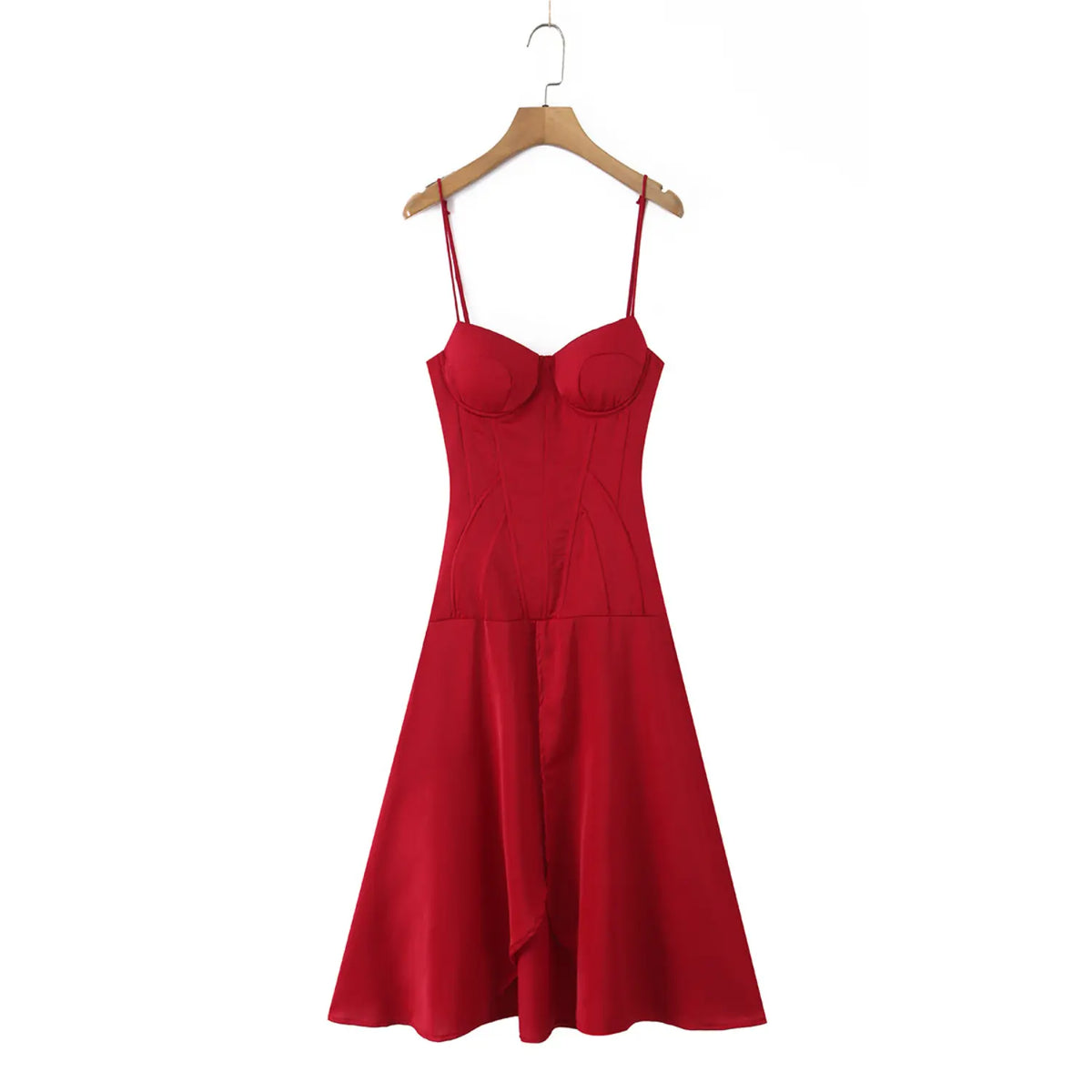 Front view of red corset maxi dress hanging on wooden hanger