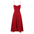 Flat lay front view of red corset spaghetti strap wrap slit maxi dress