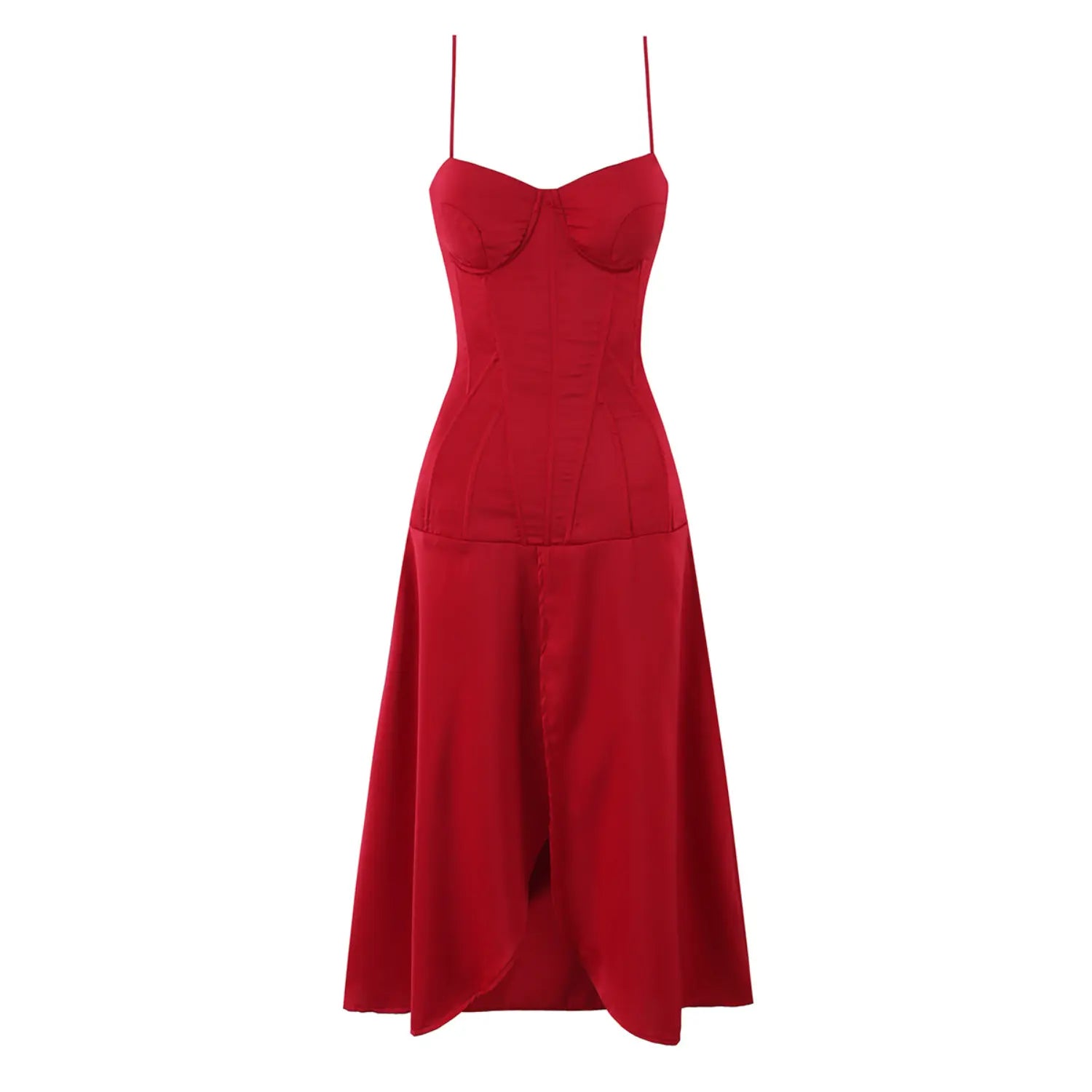 Flat lay front view of red corset spaghetti strap wrap slit maxi dress