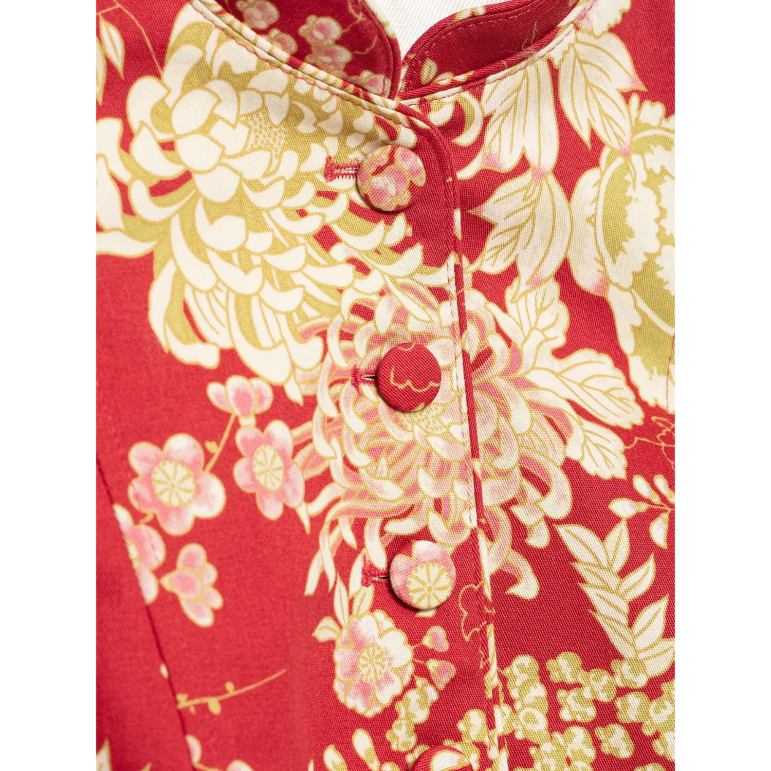 Extreme close‑up of matching fabric‑covered buttons along front placket on red chinese floral print jacket