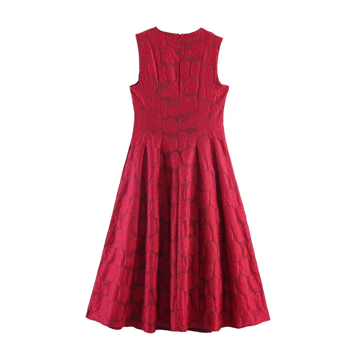 Back full view of red sleeveless jacquard maxi dress