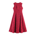 Front full view of red sleeveless jacquard maxi dress with round neck