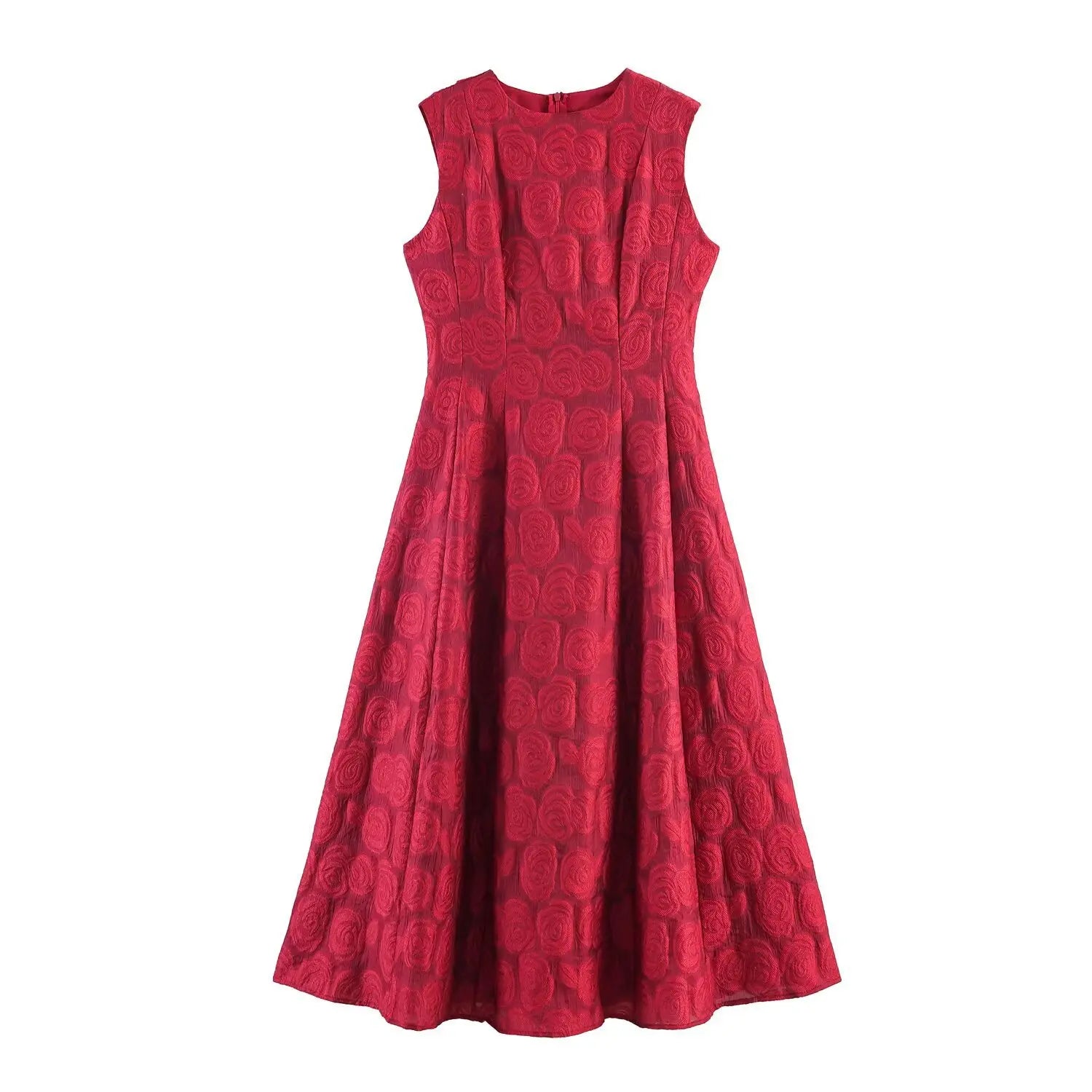 Front full view of red sleeveless jacquard maxi dress with round neck