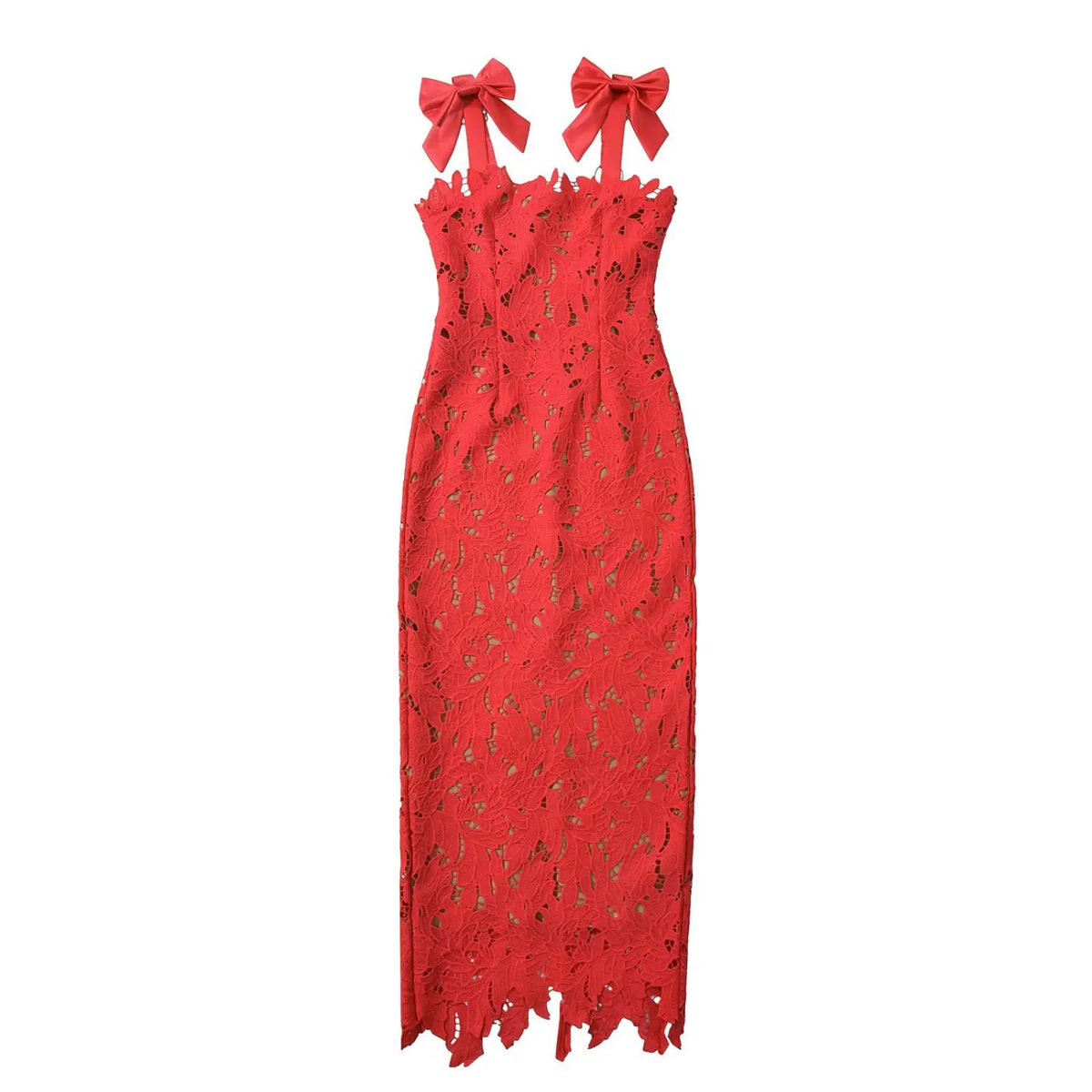 Front full view of red lace bodycon maxi dress with satin bow shoulder straps