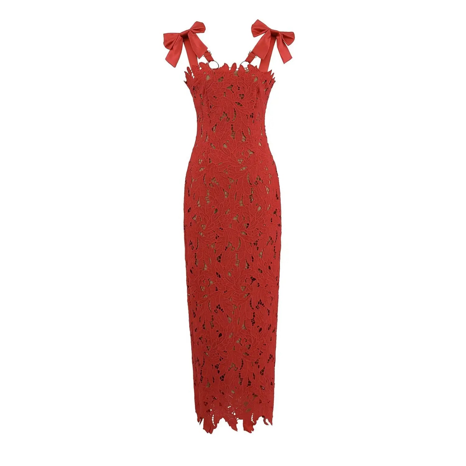 Full view of red lace bodycon maxi dress with satin bow shoulder straps