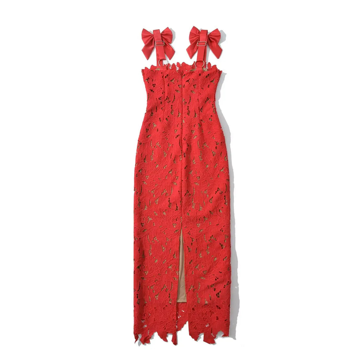 Full back view of red lace bodycon maxi dress with bow shoulder straps