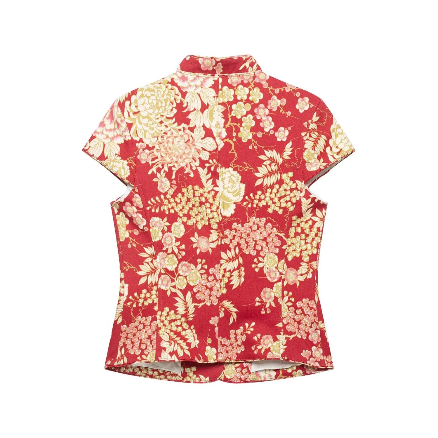 Back flat view of red oriental floral print cap sleeve tailored jacket, stand collar, fitted waist silhouette