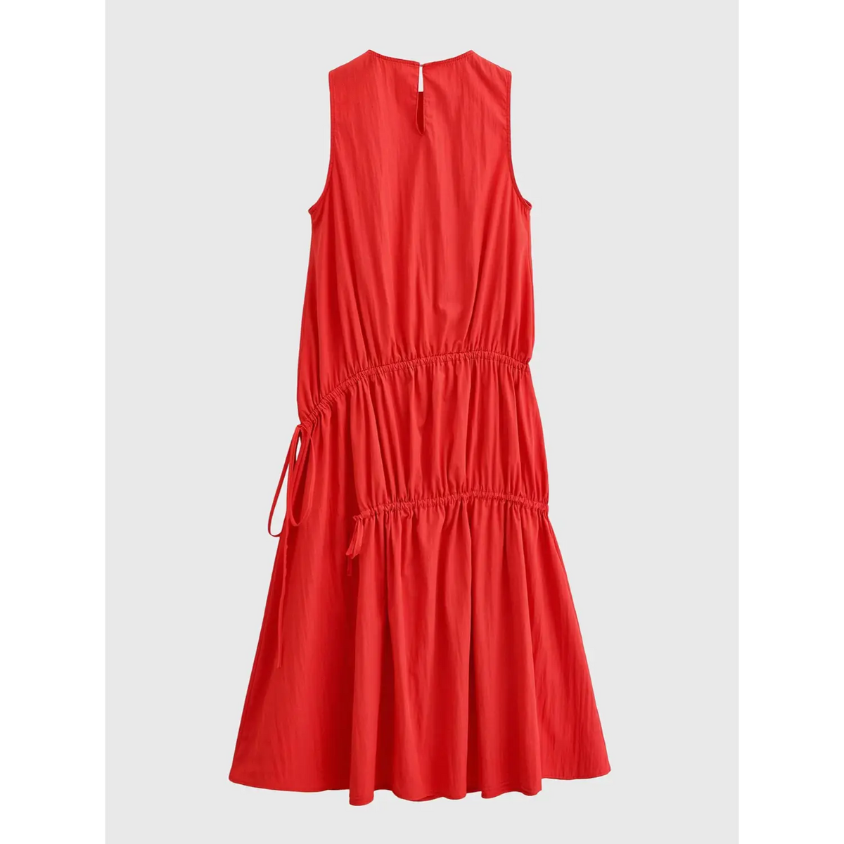 Full flat back view of red sleeveless drawstring tiered maxi dress with back zipper
