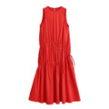 Flat lay front view of red sleeveless round neck drawstring tiered flowy maxi dress