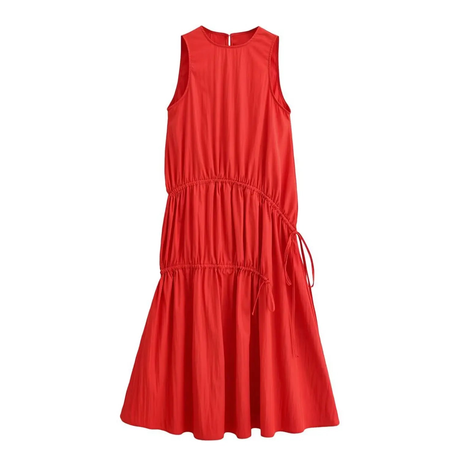 Flat lay front view of red sleeveless round neck drawstring tiered flowy maxi dress