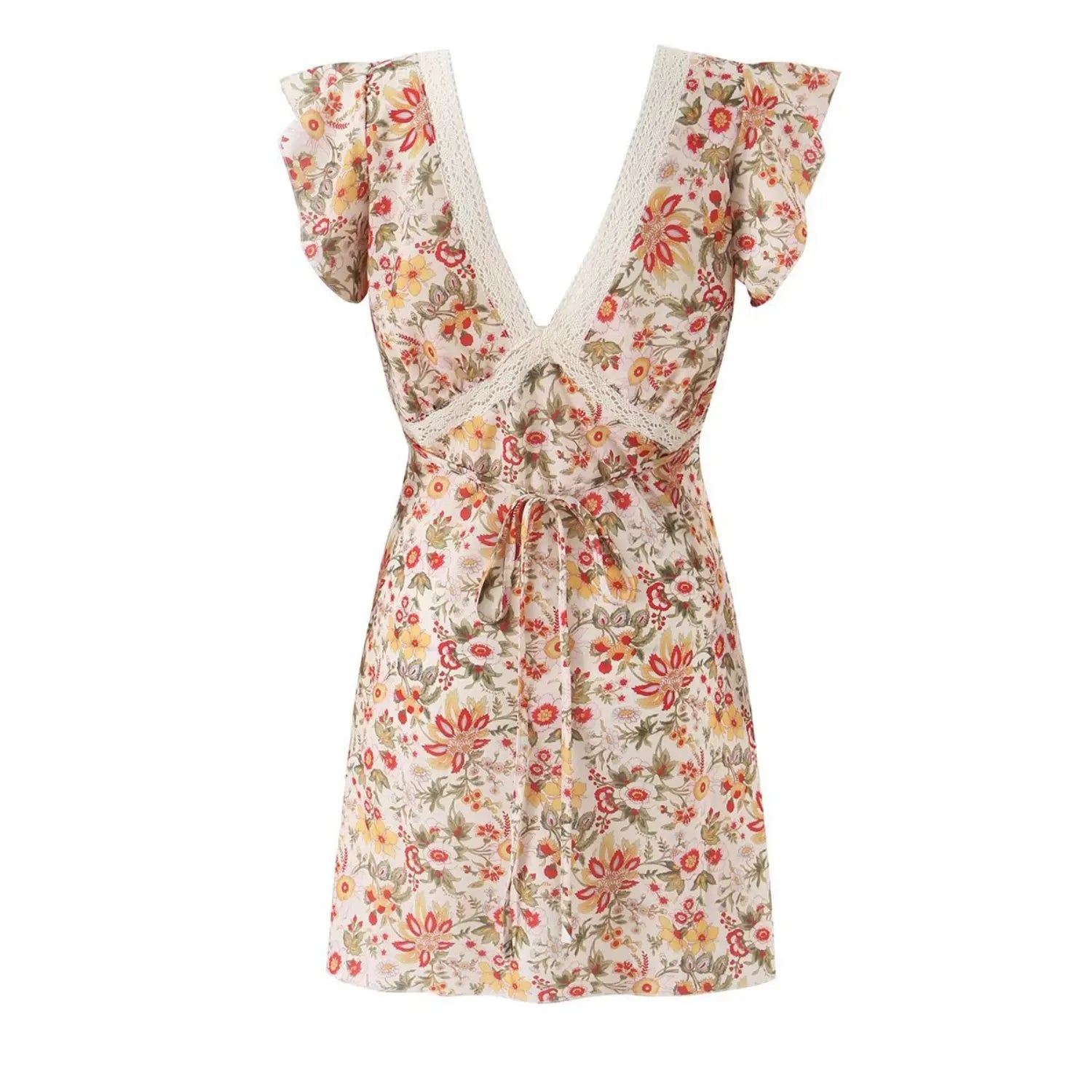 Back studio shot vintage floral mini dress, self fabric waist tie back, lace wrap v front, flutter cap sleeve, slim fit short sundress