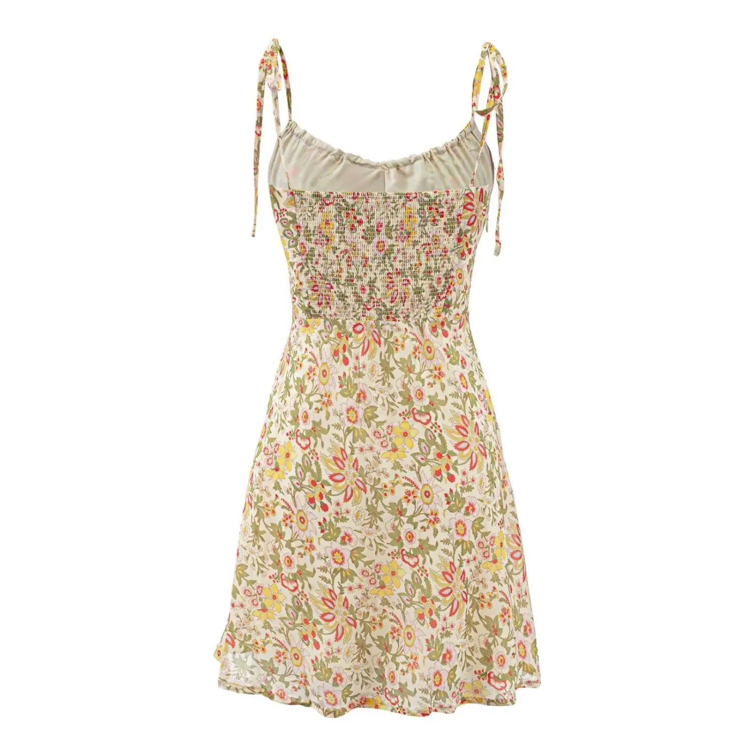 White background studio full back shot of cream vintage botanical floral mini slip dress, full elastic smocked waist and matching self-fabric tie shoulder straps
