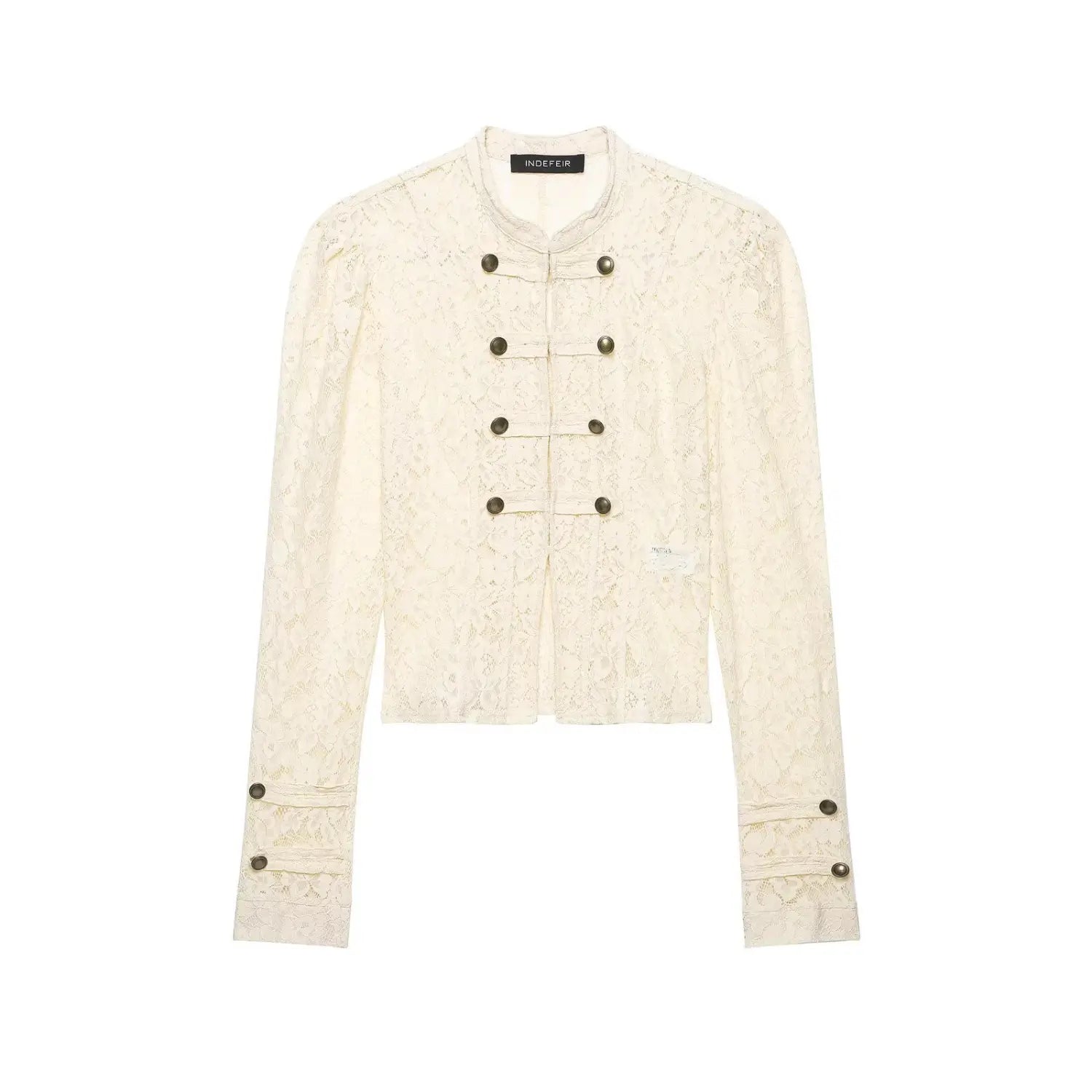 Flat lay retro military style ivory lace cropped jacket, stand neck double breasted outerwear