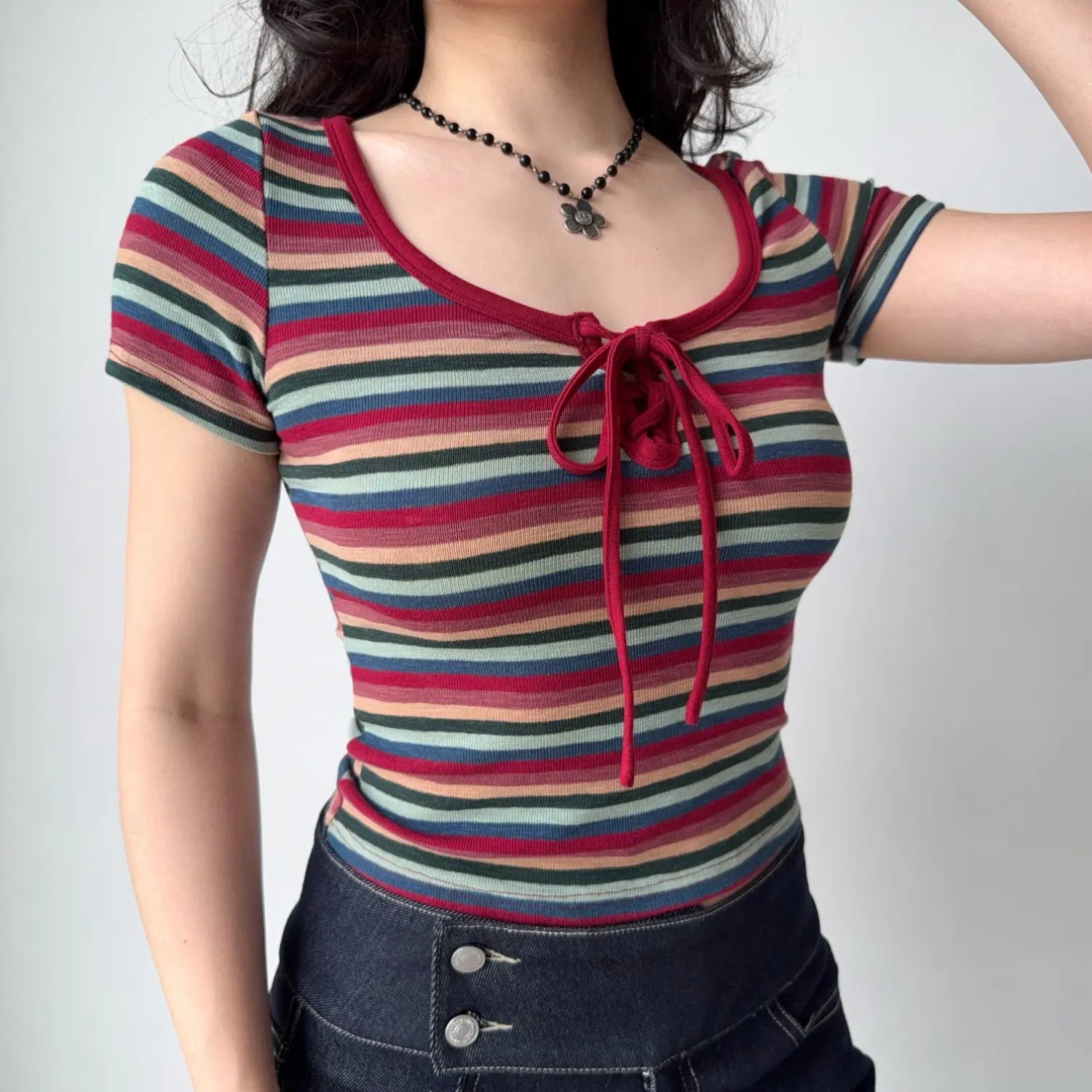 Angled styling photo multicolor retro striped ribbed tee, red front tie square neck cropped slim going out women top