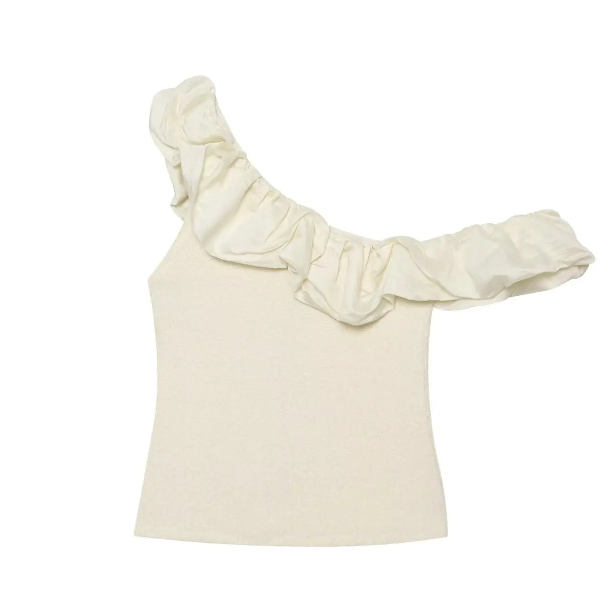 Back view cream one shoulder big ruffle slim fit cropped knit top
