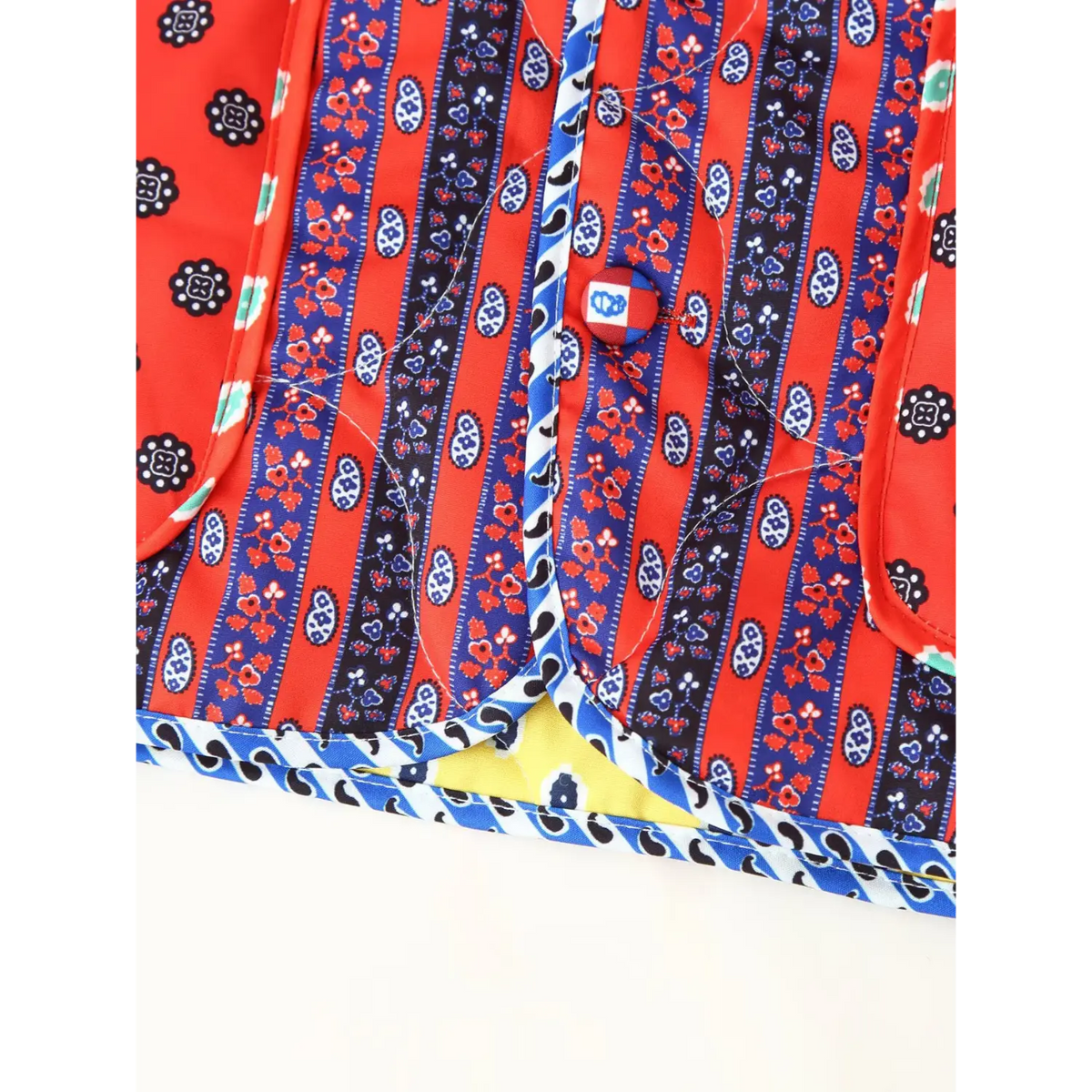 Close-up of placket button and hem binding