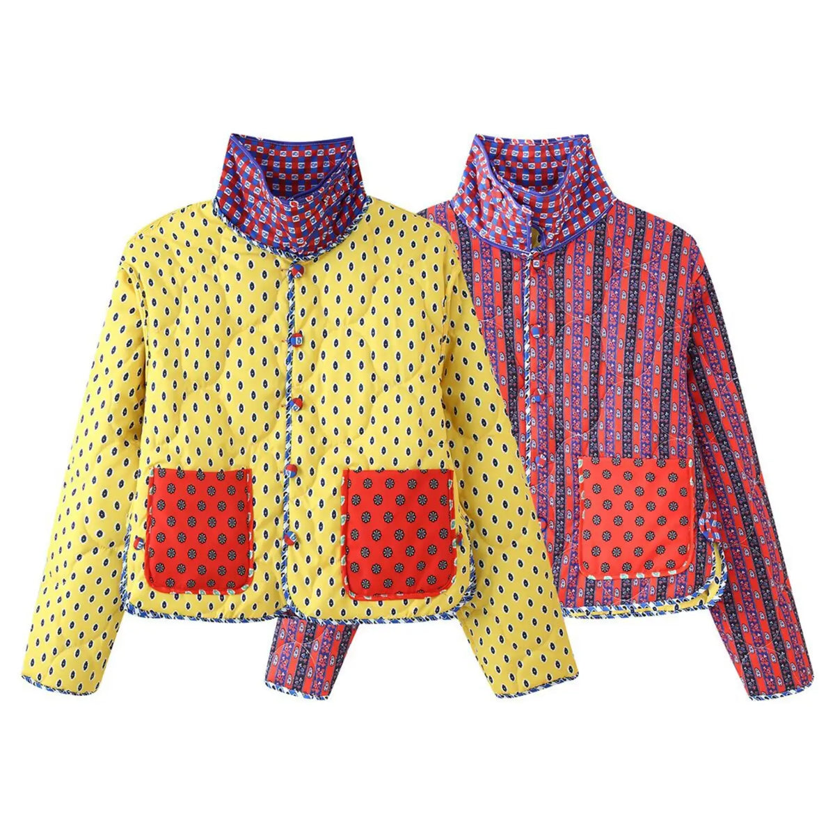 Reversible quilted patchwork print cropped jacket, yellow and red stripe sides side by side