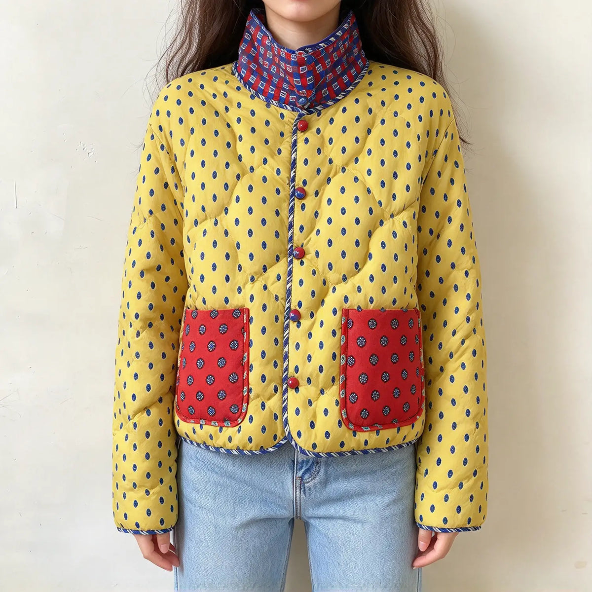 Model wearing reversible quilted patchwork print cropped jacket, yellow side front view