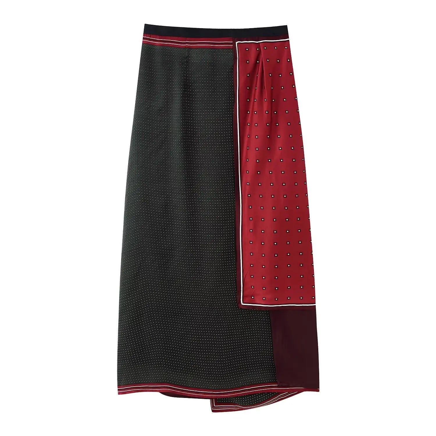 Complete flat shot showing reverse black tiny dot side, matching contrast border piping, asymmetrical wrap cut, burgundy solid underlayer hem