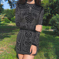 Outdoor model front view, black stand collar long sleeve rhinestone bodycon evening mini dress