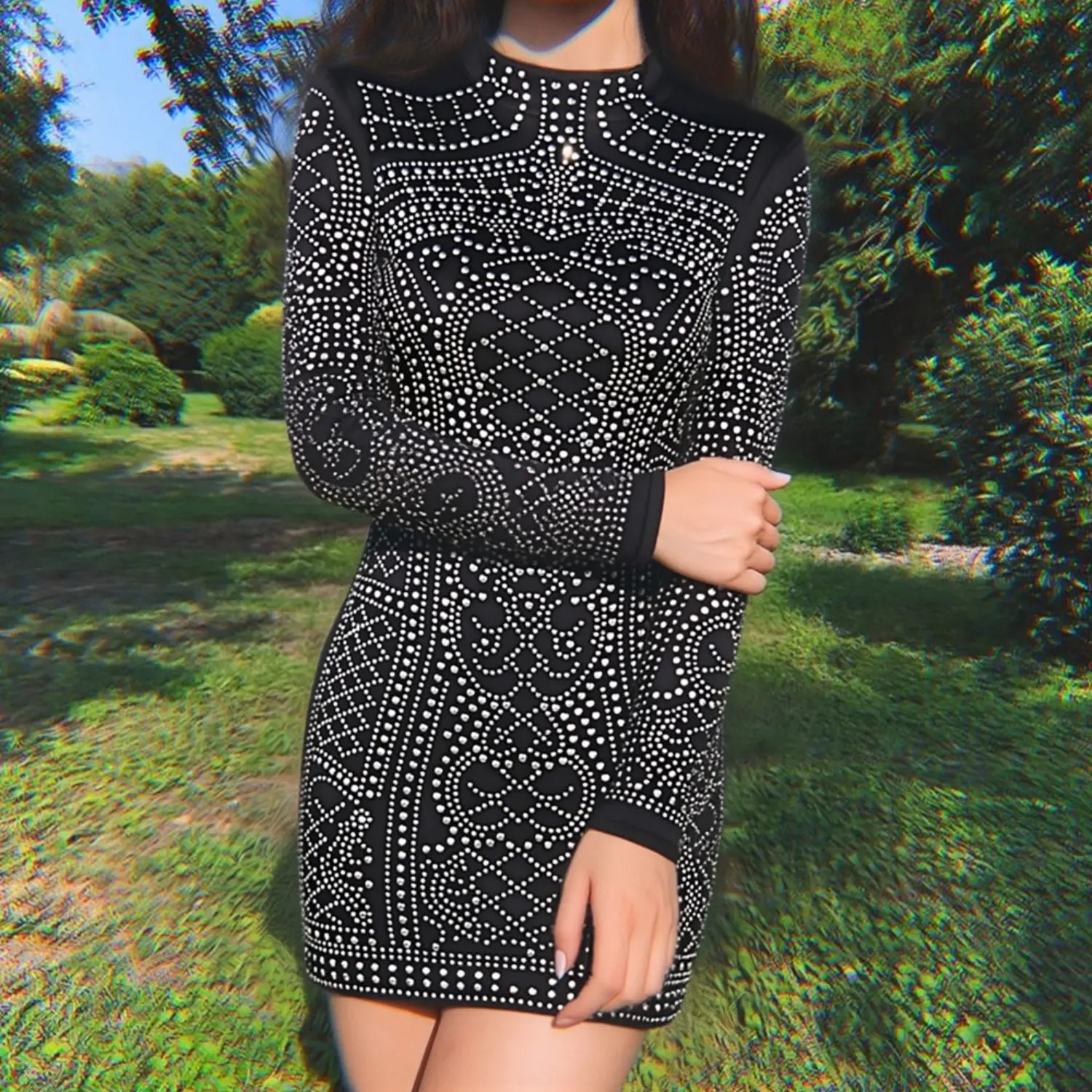 Outdoor model front view, black stand collar long sleeve rhinestone bodycon evening mini dress