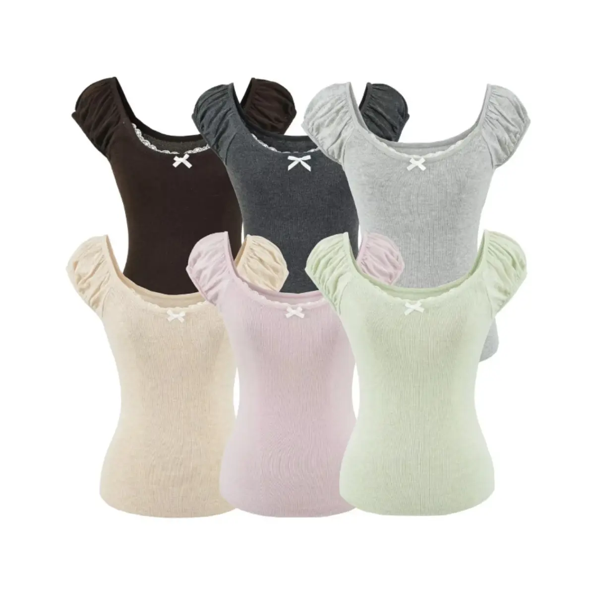 Studio shot of six ribbed off-the-shoulder tops in brown, dark gray, light gray, beige, pink, and light green, all featuring puff sleeves, lace trim, and a small white bow.