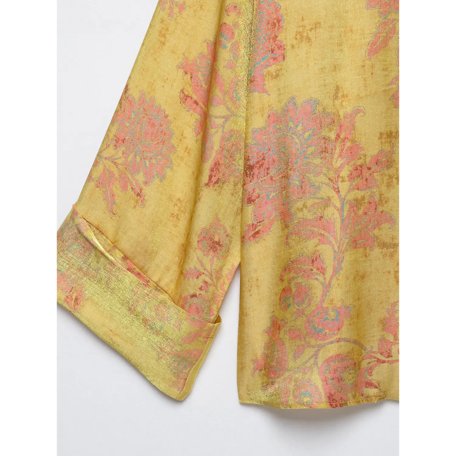 Three-quarter rolled cuff detail, jacquard trim cuff golden yellow chinese style blouse
