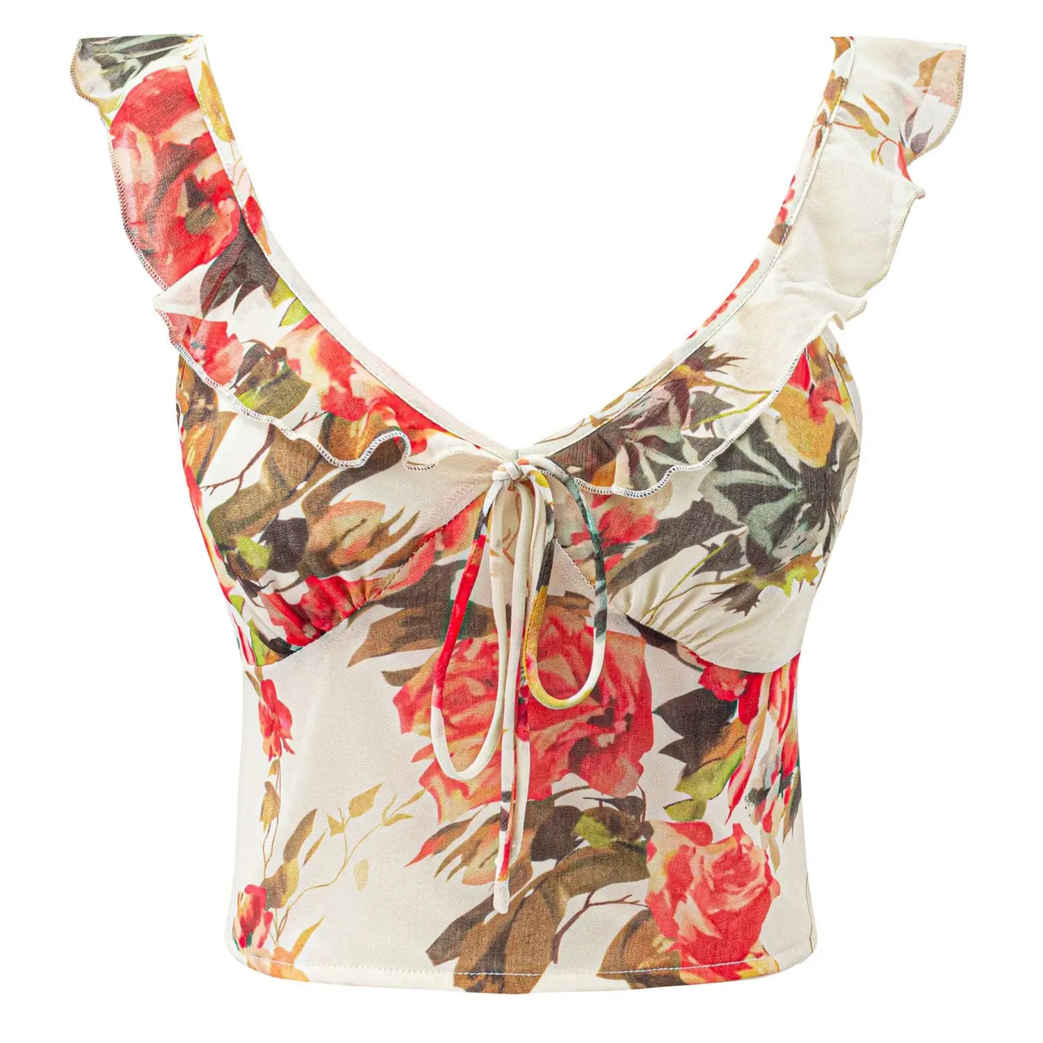 Oil painting rose floral cami front white flat lay, V-neck ruffle cap sleeves front drawstring adjustable waist-cropped silhouette print chiffon cami hero shot