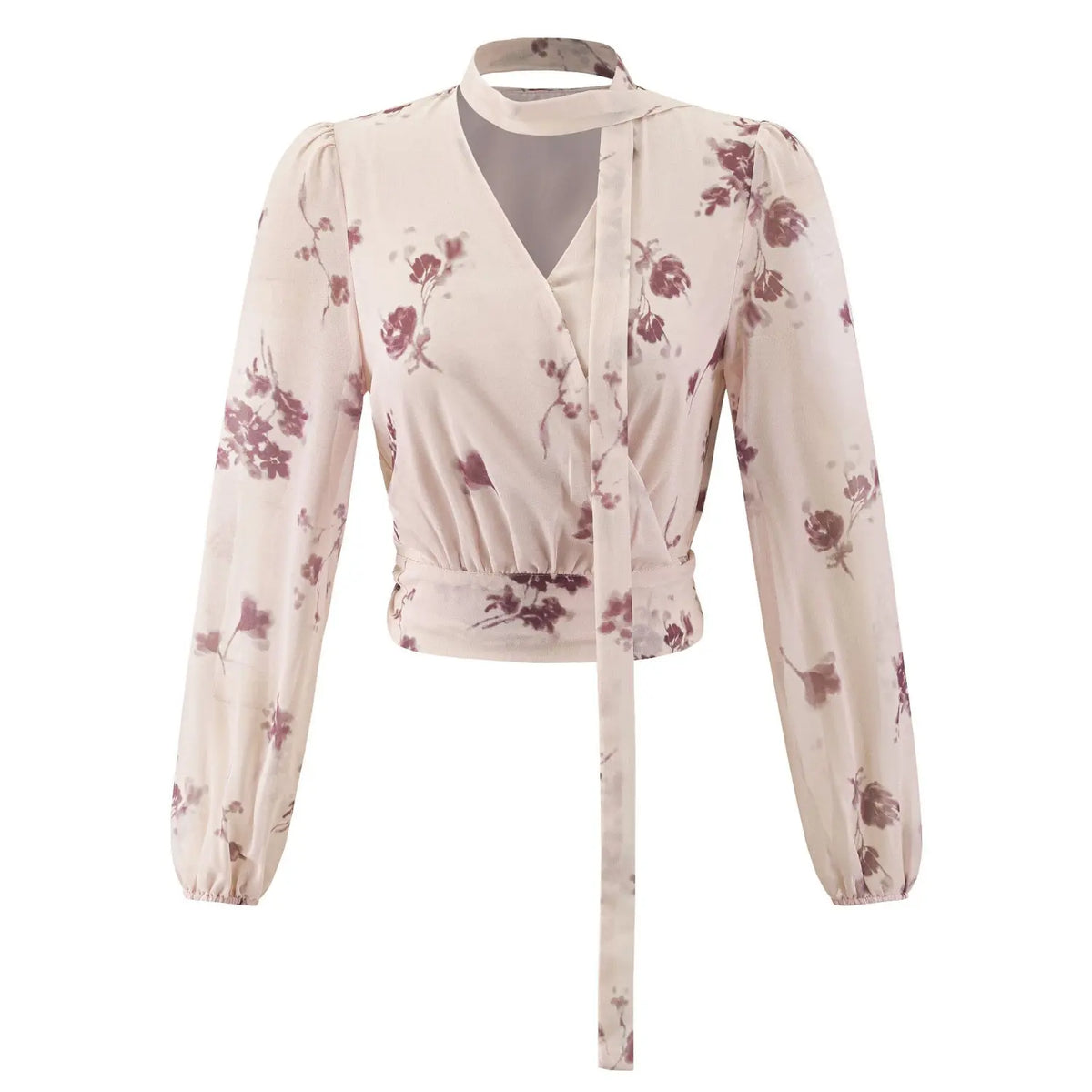 Front flat lay of rose floral choker tie wrap blouse