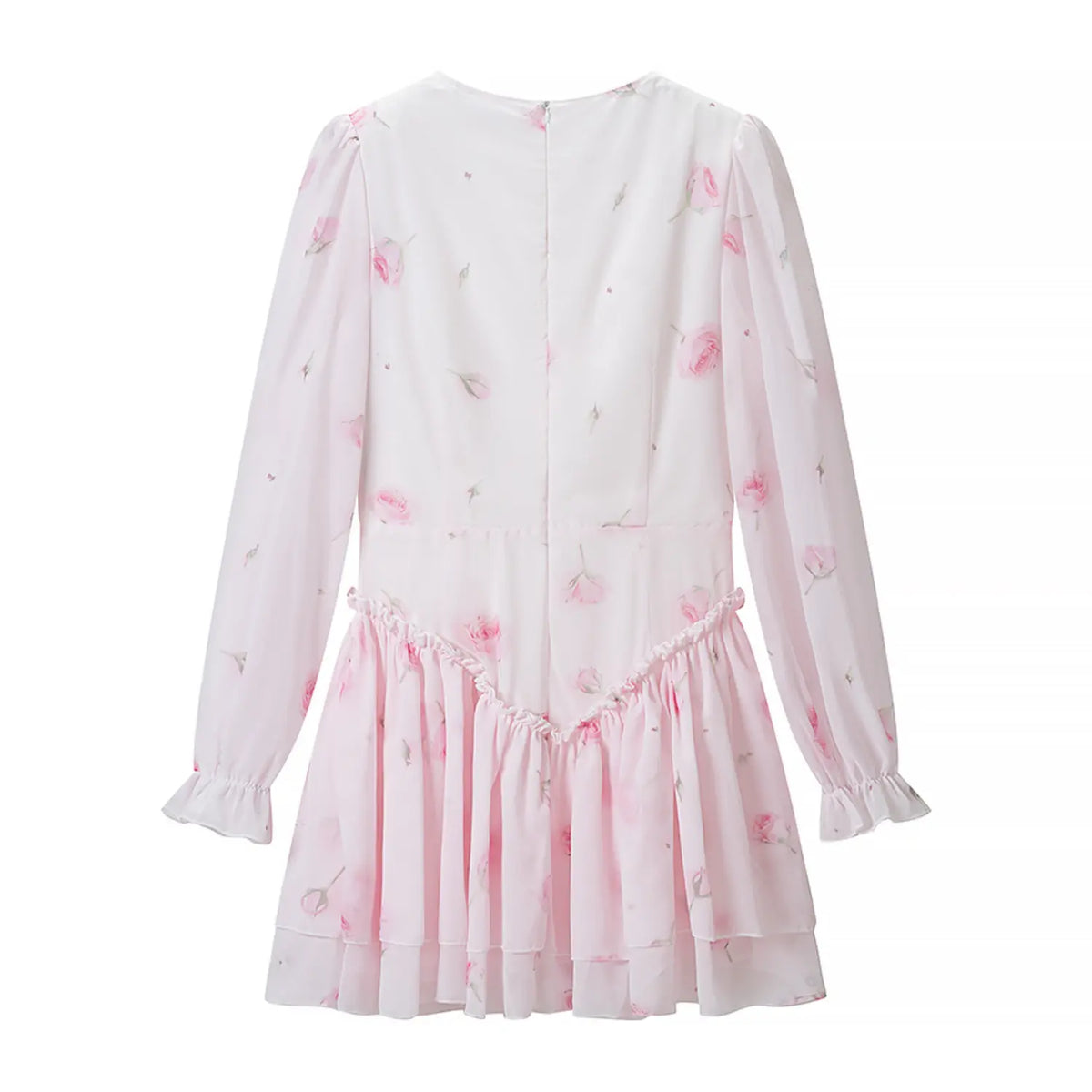 Back flat lay of rose print button front ruffle tiered mini dress