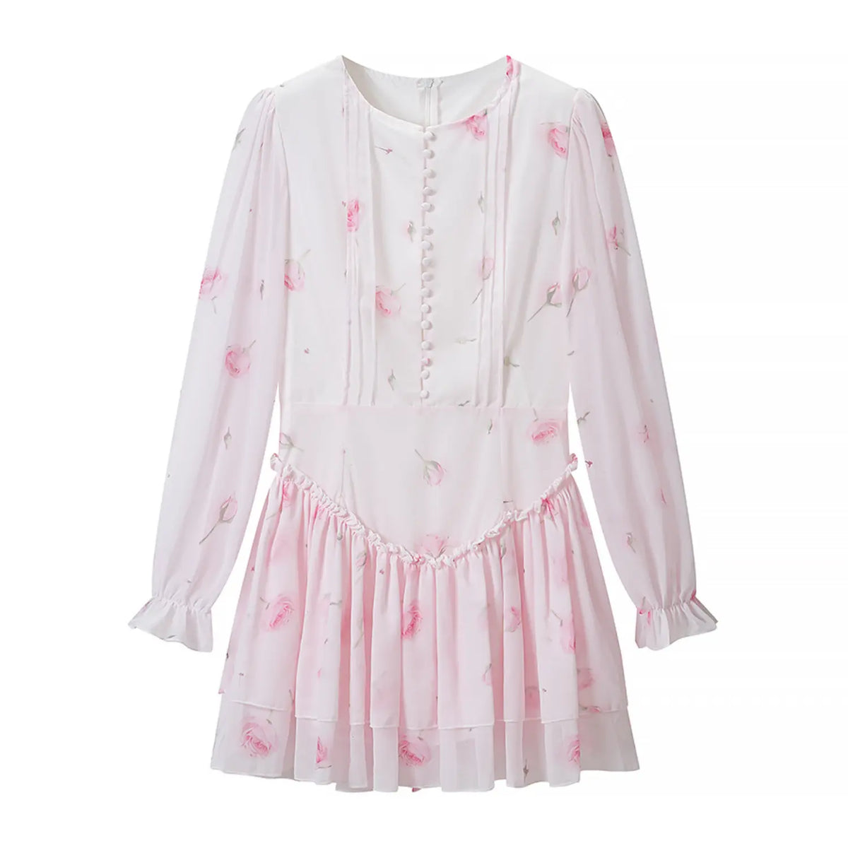 Front flat lay of rose print button front ruffle tiered mini dress