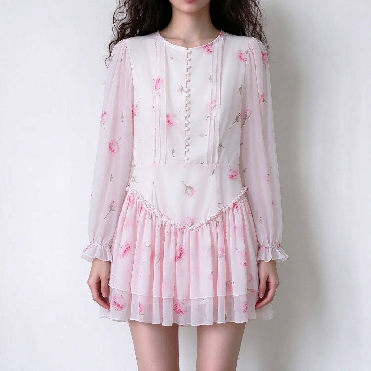 Model wearing rose print button front ruffle tiered mini dress, front view