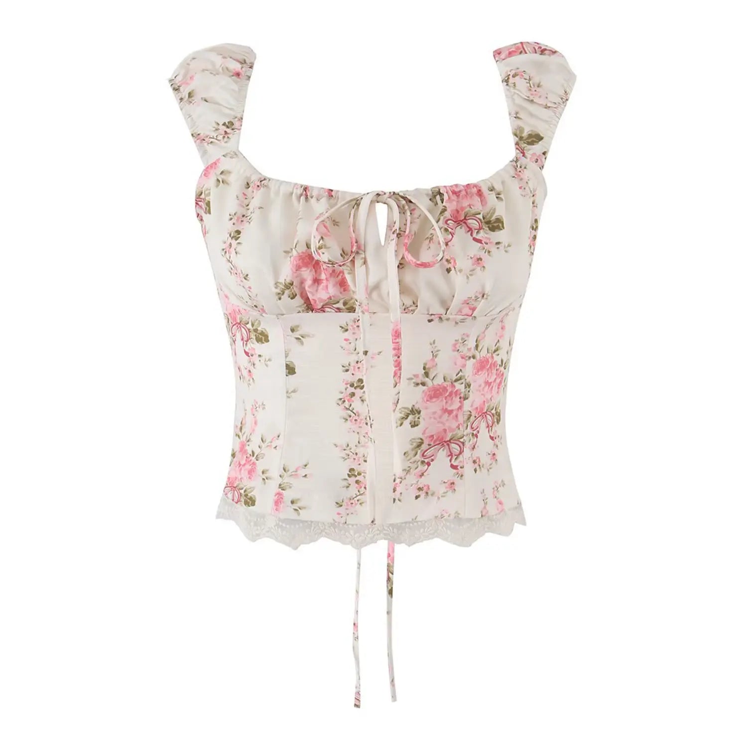 Flat lay shot of the rose print square-neck top, showing the full front design including lace hem and back tie strings