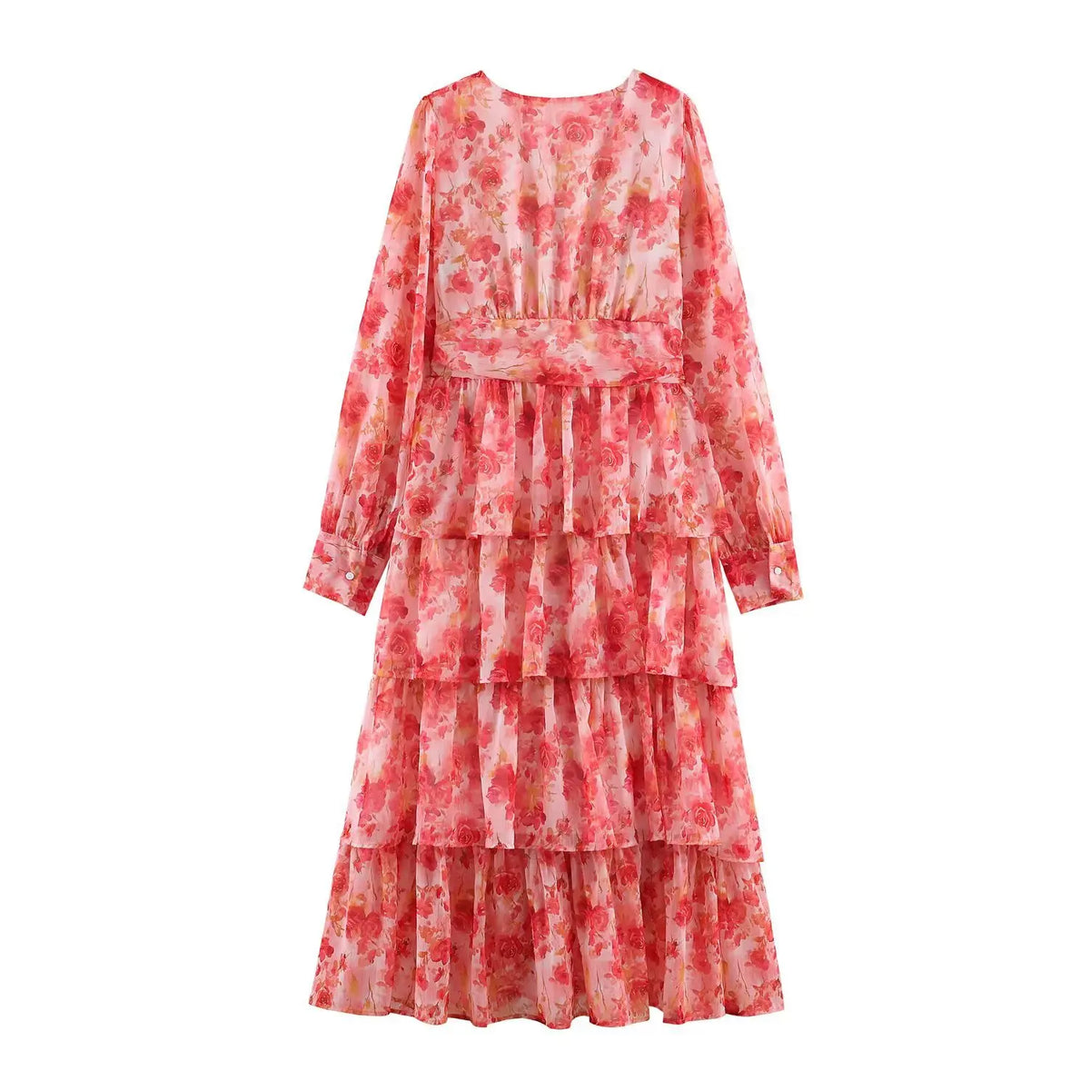 Back view of rose print tiered ruffle maxi dress with back zipper